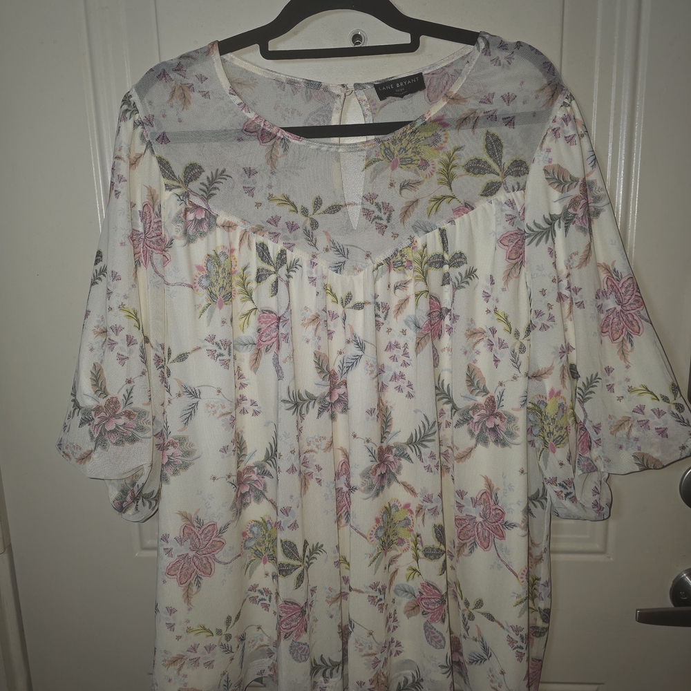 Floral Peasant Blouse in Cream and‎ Pink - Semi Sheer Bubble Sleeve - Picture 8 of 13